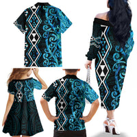 Turquoise Aotearoa Family Matching Off The Shoulder Long Sleeve Dress and Hawaiian Shirt Taniko Motifs With Paua Shell Kowhaiwhai LT14 - Polynesian Pride