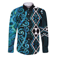 Turquoise Aotearoa Family Matching Off The Shoulder Long Sleeve Dress and Hawaiian Shirt Taniko Motifs With Paua Shell Kowhaiwhai LT14 Dad's Shirt - Long Sleeve Turquoise - Polynesian Pride