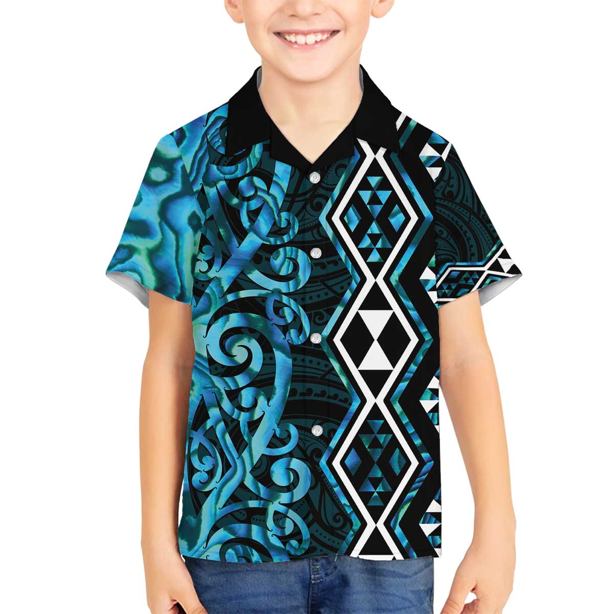 Turquoise Aotearoa Family Matching Off The Shoulder Long Sleeve Dress and Hawaiian Shirt Taniko Motifs With Paua Shell Kowhaiwhai LT14 Son's Shirt Turquoise - Polynesian Pride