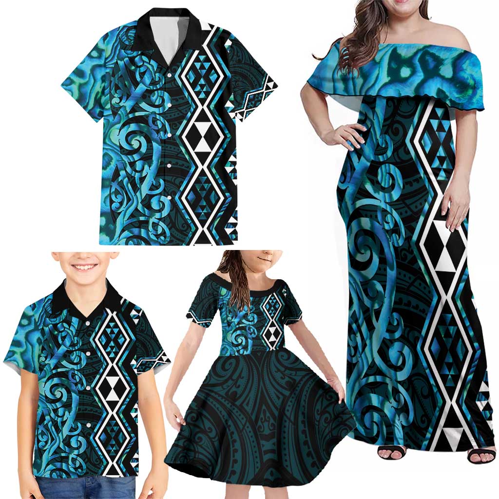 Turquoise Aotearoa Family Matching Off Shoulder Maxi Dress and Hawaiian Shirt Taniko Motifs With Paua Shell Kowhaiwhai LT14 - Polynesian Pride