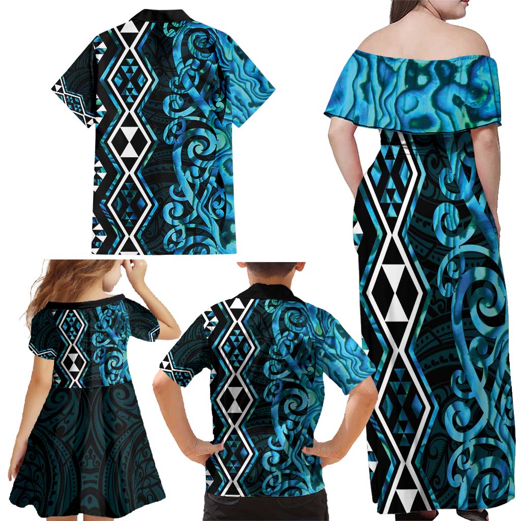 Turquoise Aotearoa Family Matching Off Shoulder Maxi Dress and Hawaiian Shirt Taniko Motifs With Paua Shell Kowhaiwhai LT14 - Polynesian Pride