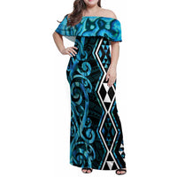 Turquoise Aotearoa Family Matching Off Shoulder Maxi Dress and Hawaiian Shirt Taniko Motifs With Paua Shell Kowhaiwhai LT14 Mom's Dress Turquoise - Polynesian Pride