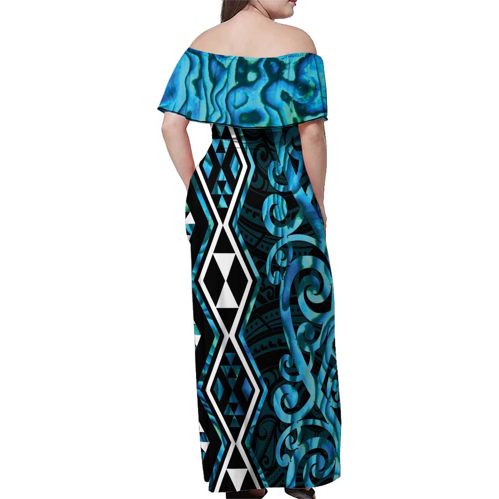 Turquoise Aotearoa Family Matching Off Shoulder Maxi Dress and Hawaiian Shirt Taniko Motifs With Paua Shell Kowhaiwhai LT14 - Polynesian Pride