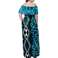 Turquoise Aotearoa Family Matching Off Shoulder Maxi Dress and Hawaiian Shirt Taniko Motifs With Paua Shell Kowhaiwhai LT14 - Polynesian Pride