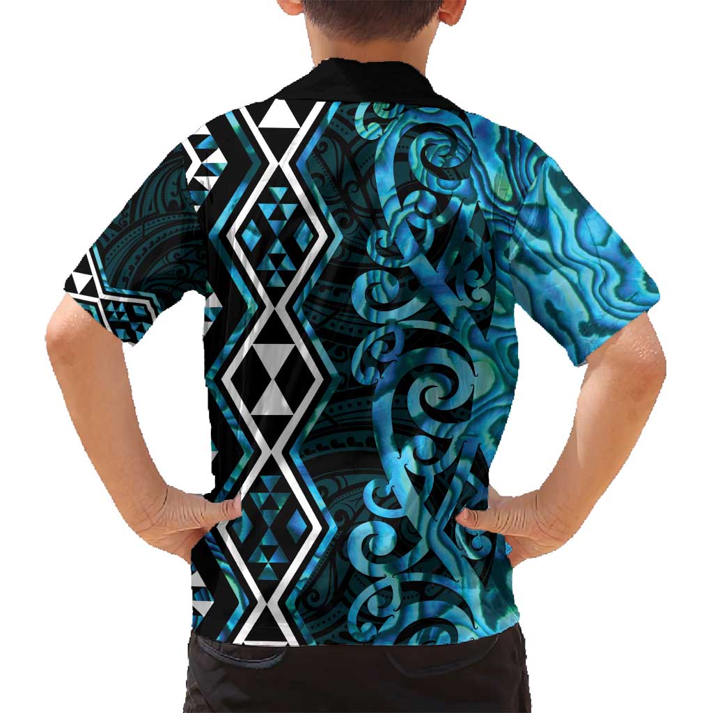 Turquoise Aotearoa Family Matching Off Shoulder Short Dress and Hawaiian Shirt Taniko Motifs With Paua Shell Kowhaiwhai LT14 - Polynesian Pride