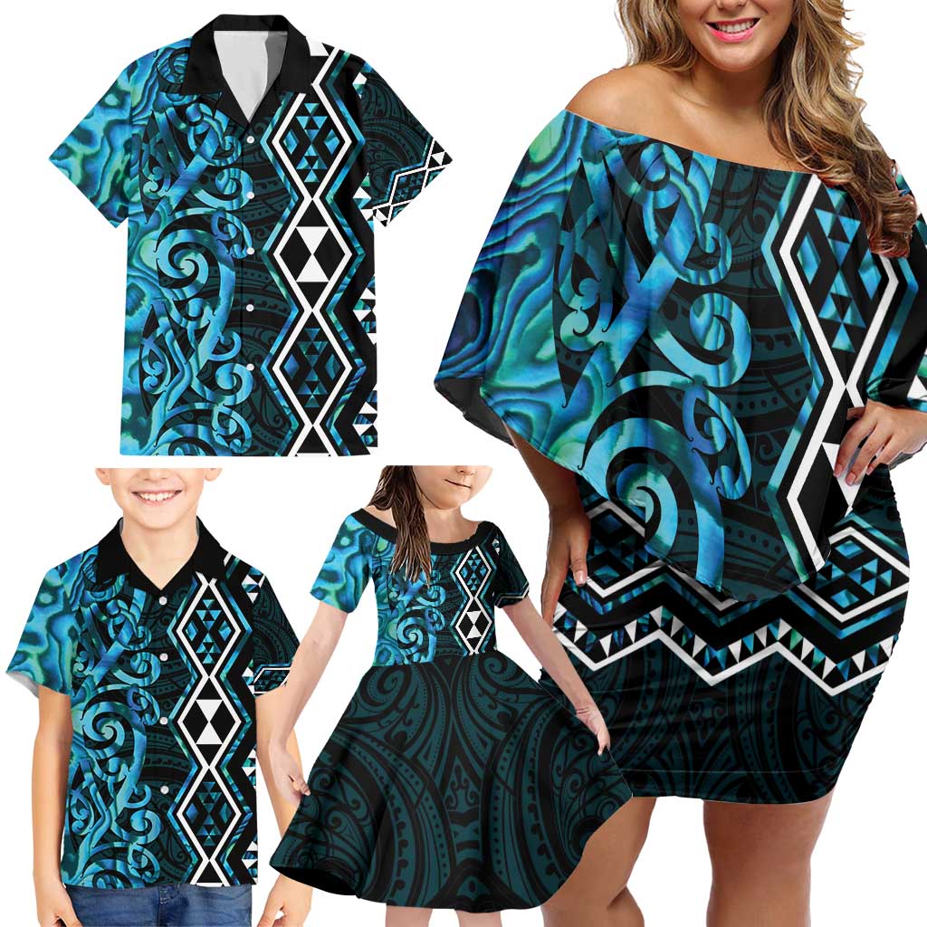 Turquoise Aotearoa Family Matching Off Shoulder Short Dress and Hawaiian Shirt Taniko Motifs With Paua Shell Kowhaiwhai LT14 - Polynesian Pride