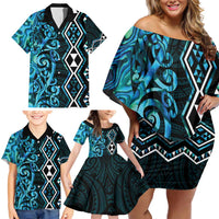 Turquoise Aotearoa Family Matching Off Shoulder Short Dress and Hawaiian Shirt Taniko Motifs With Paua Shell Kowhaiwhai LT14 - Polynesian Pride