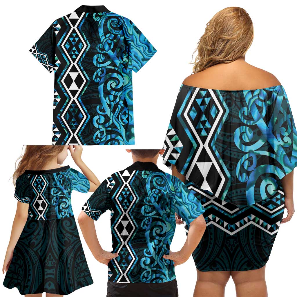 Turquoise Aotearoa Family Matching Off Shoulder Short Dress and Hawaiian Shirt Taniko Motifs With Paua Shell Kowhaiwhai LT14 - Polynesian Pride