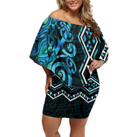 Turquoise Aotearoa Family Matching Off Shoulder Short Dress and Hawaiian Shirt Taniko Motifs With Paua Shell Kowhaiwhai LT14 Mom's Dress Turquoise - Polynesian Pride