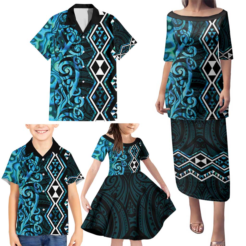 Turquoise Aotearoa Family Matching Puletasi and Hawaiian Shirt Taniko Motifs With Paua Shell Kowhaiwhai LT14 - Polynesian Pride