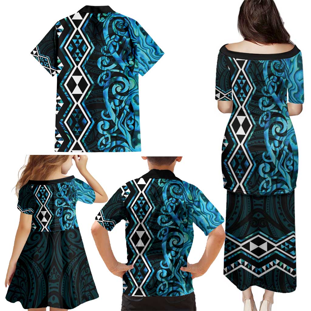 Turquoise Aotearoa Family Matching Puletasi and Hawaiian Shirt Taniko Motifs With Paua Shell Kowhaiwhai LT14 - Polynesian Pride