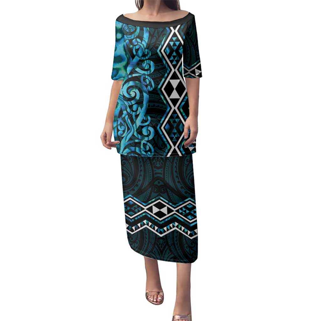 Turquoise Aotearoa Family Matching Puletasi and Hawaiian Shirt Taniko Motifs With Paua Shell Kowhaiwhai LT14 Mom's Dress Turquoise - Polynesian Pride