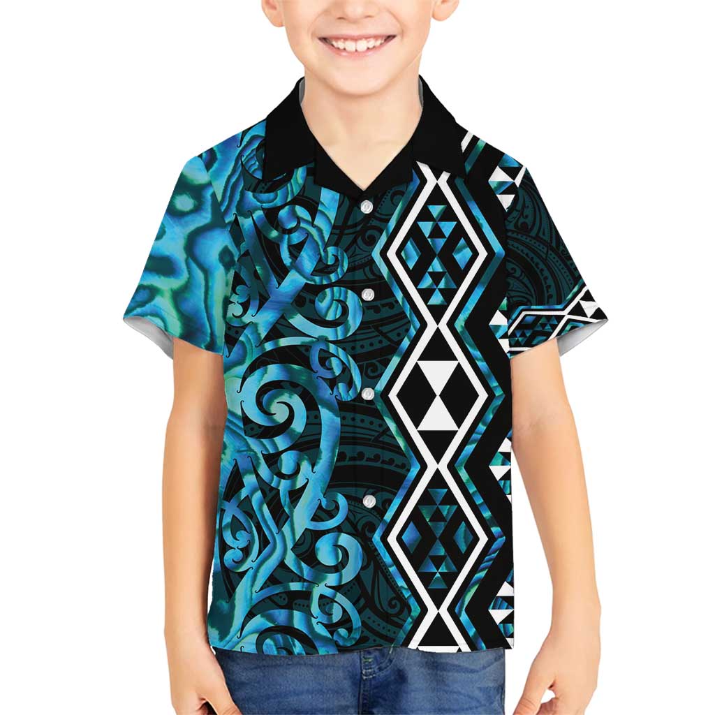 Turquoise Aotearoa Family Matching Puletasi and Hawaiian Shirt Taniko Motifs With Paua Shell Kowhaiwhai LT14 Son's Shirt Turquoise - Polynesian Pride