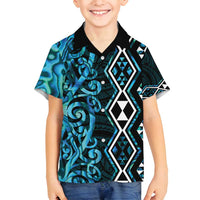 Turquoise Aotearoa Family Matching Puletasi and Hawaiian Shirt Taniko Motifs With Paua Shell Kowhaiwhai LT14 Son's Shirt Turquoise - Polynesian Pride