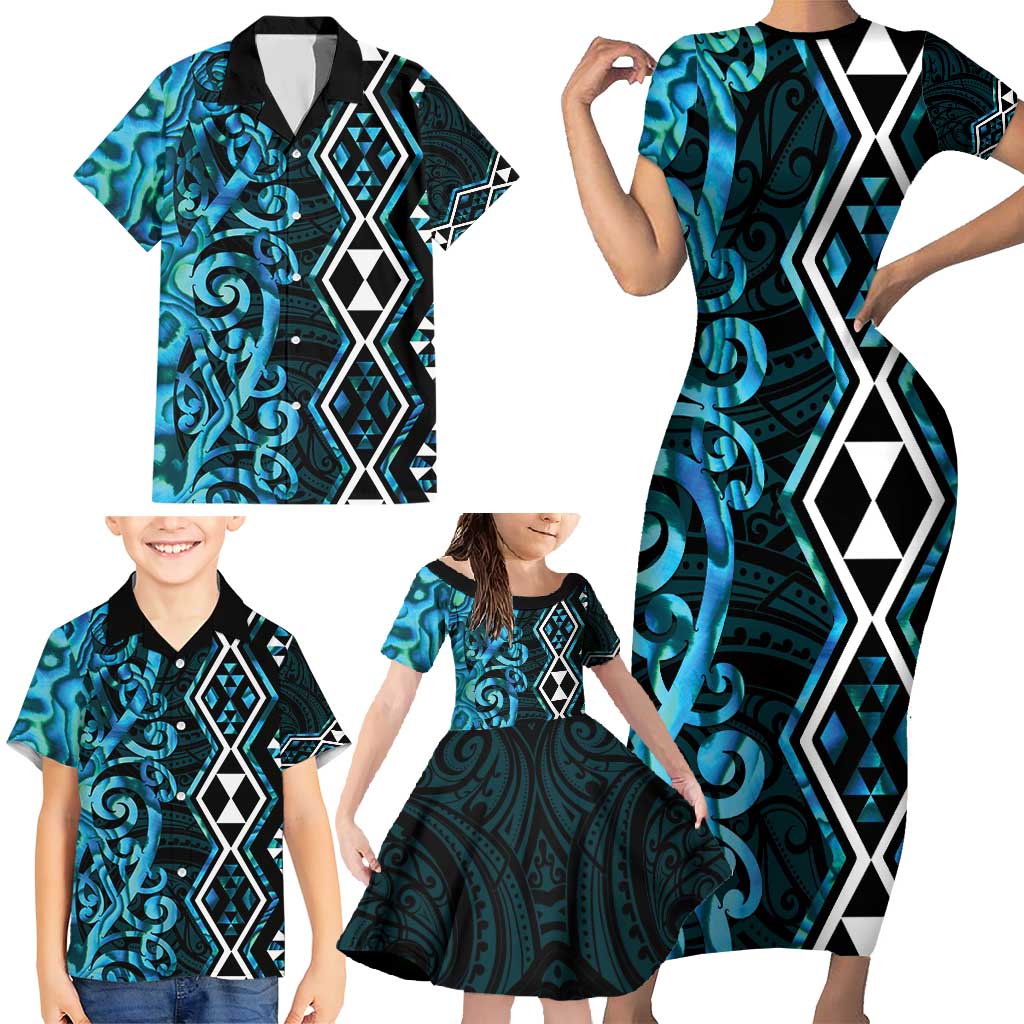 Turquoise Aotearoa Family Matching Short Sleeve Bodycon Dress and Hawaiian Shirt Taniko Motifs With Paua Shell Kowhaiwhai LT14 - Polynesian Pride