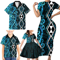 Turquoise Aotearoa Family Matching Short Sleeve Bodycon Dress and Hawaiian Shirt Taniko Motifs With Paua Shell Kowhaiwhai LT14 - Polynesian Pride