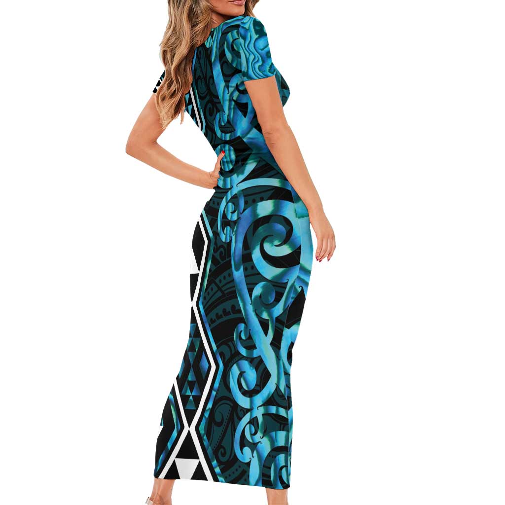 Turquoise Aotearoa Family Matching Short Sleeve Bodycon Dress and Hawaiian Shirt Taniko Motifs With Paua Shell Kowhaiwhai LT14 - Polynesian Pride