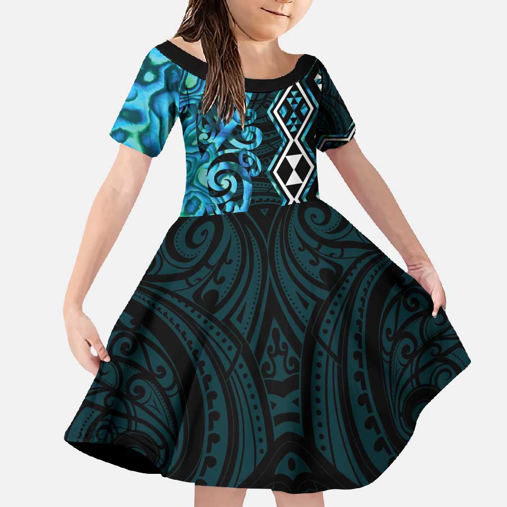 Turquoise Aotearoa Family Matching Summer Maxi Dress and Hawaiian Shirt Taniko Motifs With Paua Shell Kowhaiwhai LT14 Daughter's Dress Turquoise - Polynesian Pride