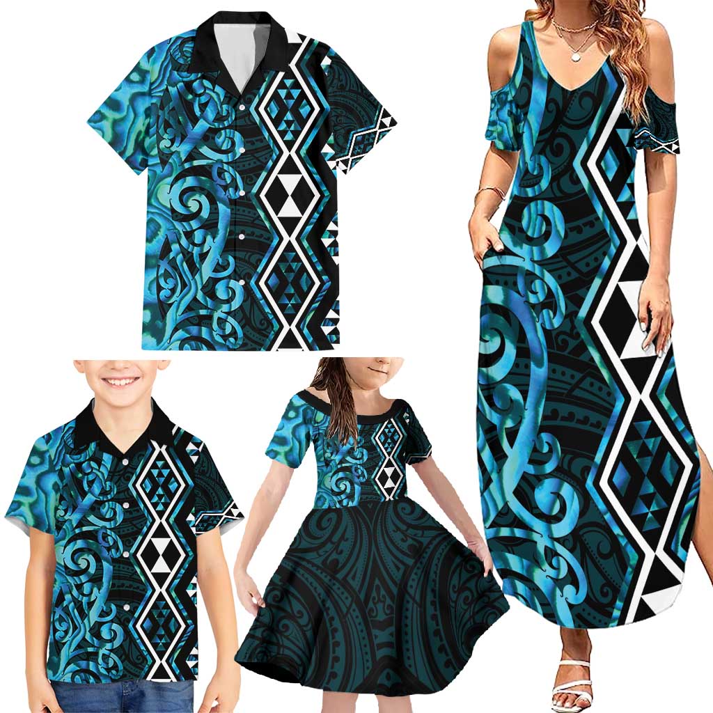 Turquoise Aotearoa Family Matching Summer Maxi Dress and Hawaiian Shirt Taniko Motifs With Paua Shell Kowhaiwhai LT14 - Polynesian Pride