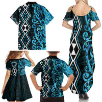 Turquoise Aotearoa Family Matching Summer Maxi Dress and Hawaiian Shirt Taniko Motifs With Paua Shell Kowhaiwhai LT14 - Polynesian Pride