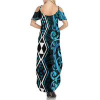 Turquoise Aotearoa Family Matching Summer Maxi Dress and Hawaiian Shirt Taniko Motifs With Paua Shell Kowhaiwhai LT14 - Polynesian Pride