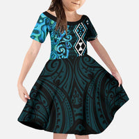 Turquoise Aotearoa Family Matching Tank Maxi Dress and Hawaiian Shirt Taniko Motifs With Paua Shell Kowhaiwhai LT14 Daughter's Dress Turquoise - Polynesian Pride