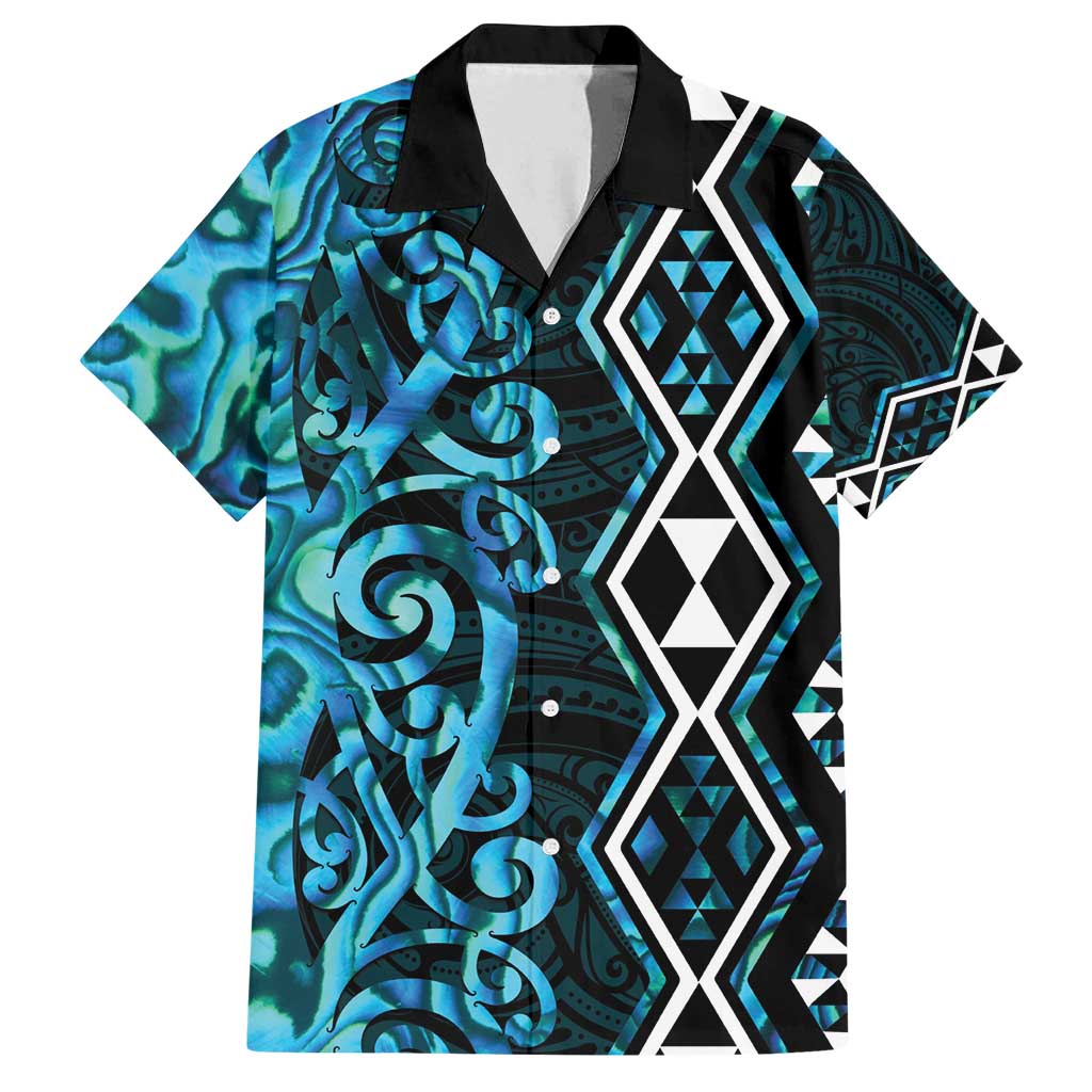 Turquoise Aotearoa Family Matching Tank Maxi Dress and Hawaiian Shirt Taniko Motifs With Paua Shell Kowhaiwhai LT14 Dad's Shirt - Short Sleeve Turquoise - Polynesian Pride