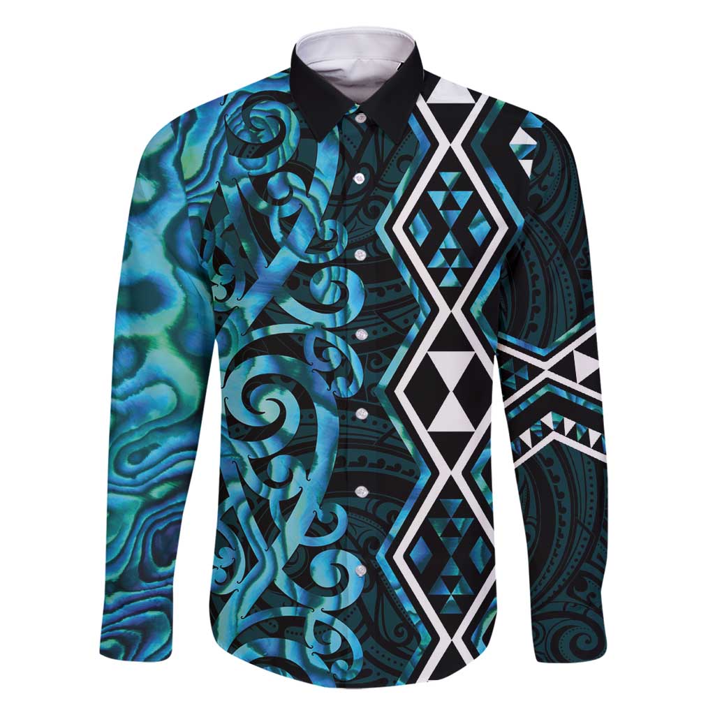 Turquoise Aotearoa Family Matching Tank Maxi Dress and Hawaiian Shirt Taniko Motifs With Paua Shell Kowhaiwhai LT14 Dad's Shirt - Long Sleeve Turquoise - Polynesian Pride