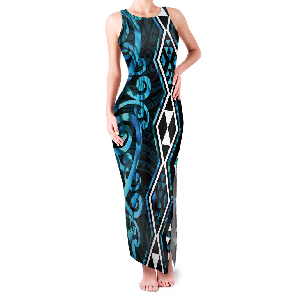 Turquoise Aotearoa Family Matching Tank Maxi Dress and Hawaiian Shirt Taniko Motifs With Paua Shell Kowhaiwhai LT14 Mom's Dress Turquoise - Polynesian Pride