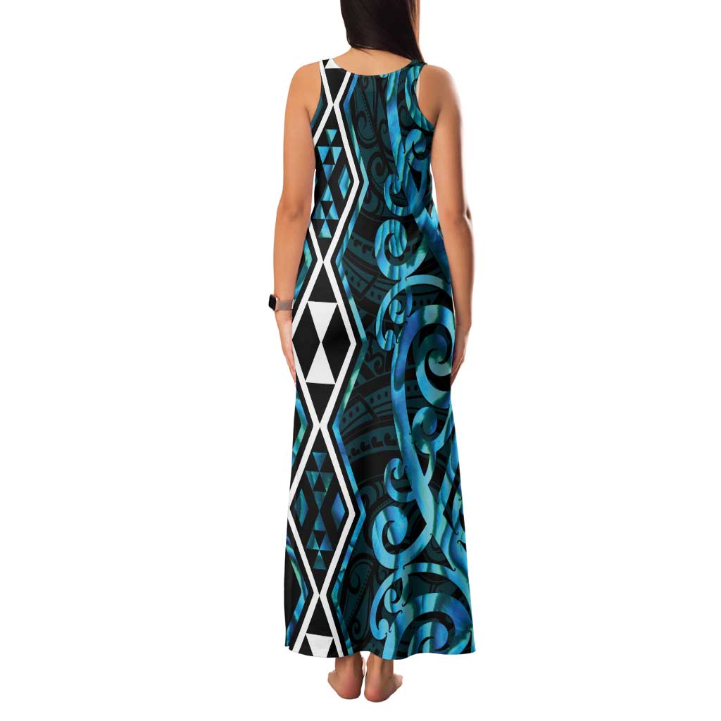 Turquoise Aotearoa Family Matching Tank Maxi Dress and Hawaiian Shirt Taniko Motifs With Paua Shell Kowhaiwhai LT14 - Polynesian Pride