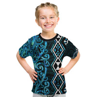 Turquoise Aotearoa Kid T Shirt Taniko Motifs With Paua Shell Kowhaiwhai