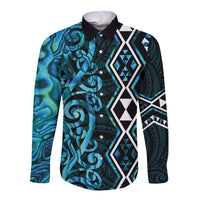 Turquoise Aotearoa Long Sleeve Button Shirt Taniko Motifs With Paua Shell Kowhaiwhai LT14 Unisex Turquoise - Polynesian Pride