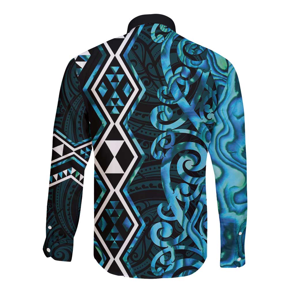 Turquoise Aotearoa Long Sleeve Button Shirt Taniko Motifs With Paua Shell Kowhaiwhai LT14 - Polynesian Pride