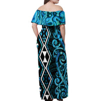 Turquoise Aotearoa Off Shoulder Maxi Dress Taniko Motifs With Paua Shell Kowhaiwhai