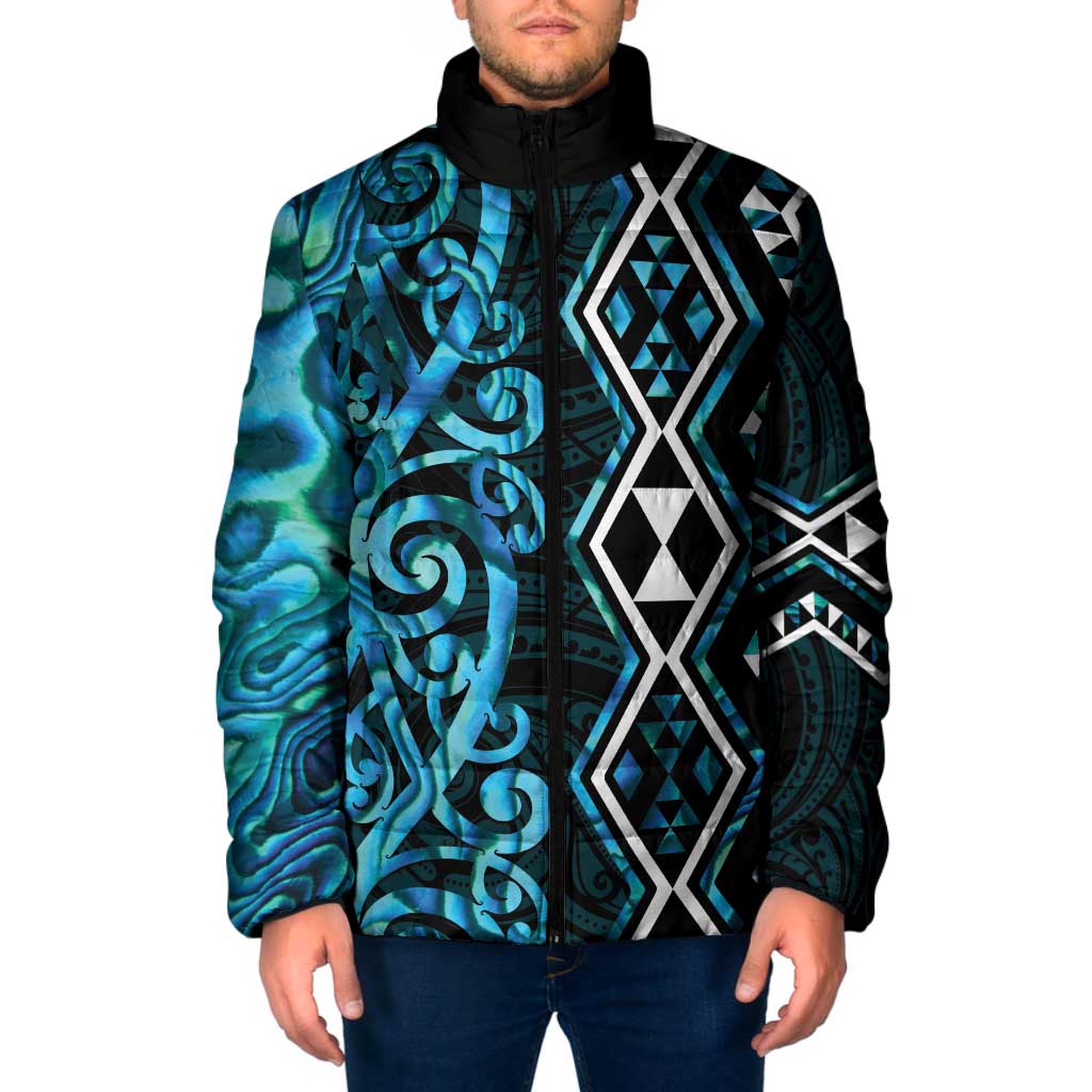 Turquoise Aotearoa Padded Jacket Taniko Motifs With Paua Shell Kowhaiwhai - Polynesian Pride
