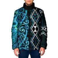 Turquoise Aotearoa Padded Jacket Taniko Motifs With Paua Shell Kowhaiwhai - Polynesian Pride