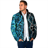 Turquoise Aotearoa Padded Jacket Taniko Motifs With Paua Shell Kowhaiwhai - Polynesian Pride