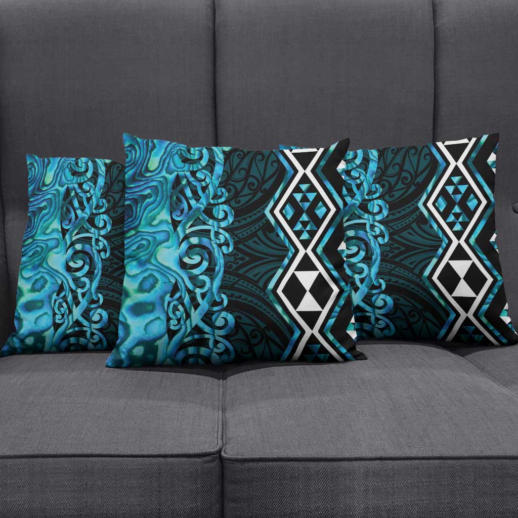 Turquoise Aotearoa Pillow Cover Taniko Motifs With Paua Shell Kowhaiwhai - Polynesian Pride