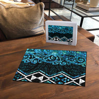 Turquoise Aotearoa Puzzle Taniko Motifs With Paua Shell Kowhaiwhai - Polynesian Pride