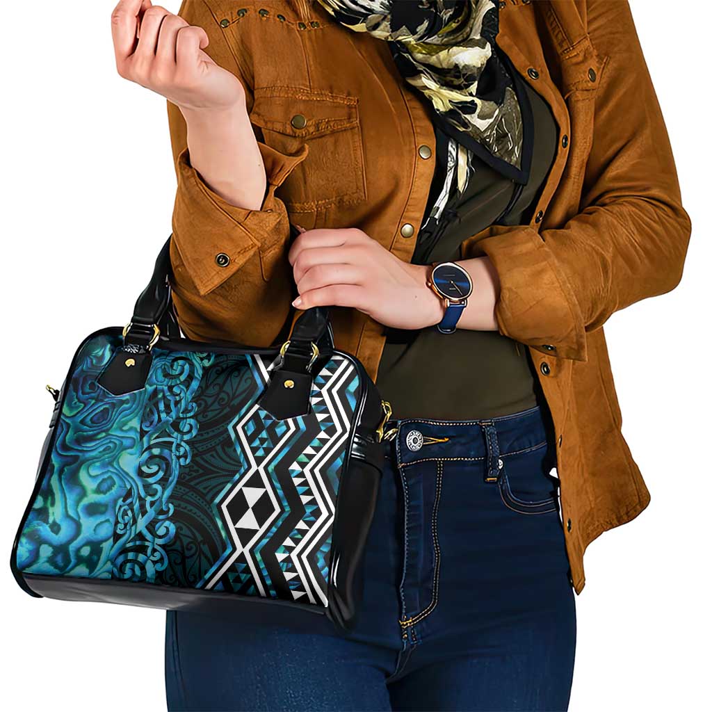 Turquoise Aotearoa Shoulder Handbag Taniko Motifs With Paua Shell Kowhaiwhai