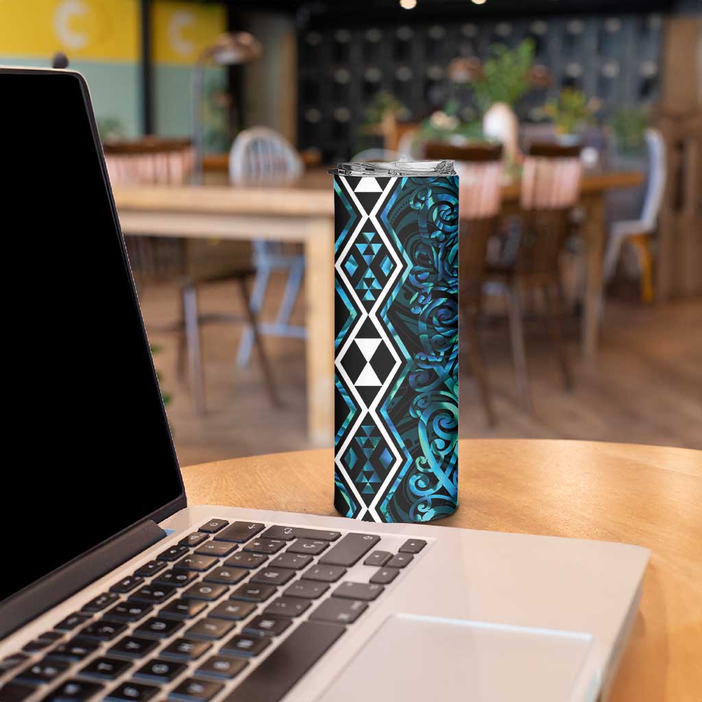Turquoise Aotearoa Skinny Tumbler Taniko Motifs With Paua Shell Kowhaiwhai