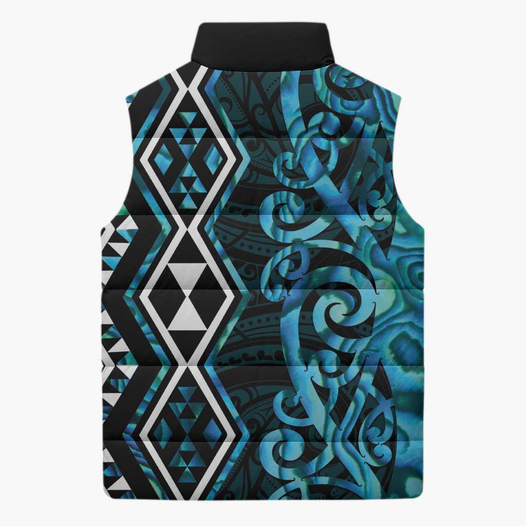 Turquoise Aotearoa Sleeveless Puffer Jacket Taniko Motifs With Paua Shell Kowhaiwhai - Polynesian Pride
