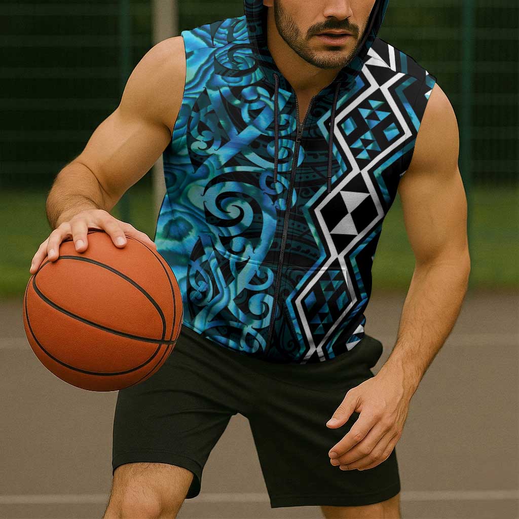 Turquoise Aotearoa Sleeveless Zip Hoodie Taniko Motifs With Paua Shell Kowhaiwhai - Polynesian Pride