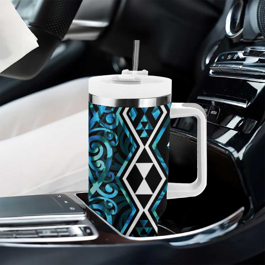 Turquoise Aotearoa Tumbler With Handle Taniko Motifs With Paua Shell Kowhaiwhai
