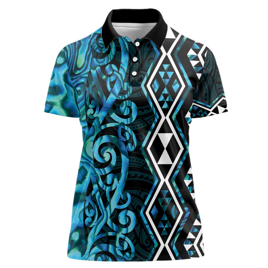 Turquoise Aotearoa Women Polo Shirt Taniko Motifs With Paua Shell Kowhaiwhai