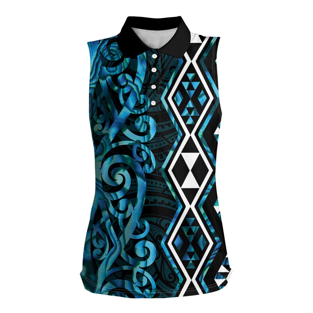 Turquoise Aotearoa Women Sleeveless Polo Shirt Taniko Motifs With Paua Shell Kowhaiwhai