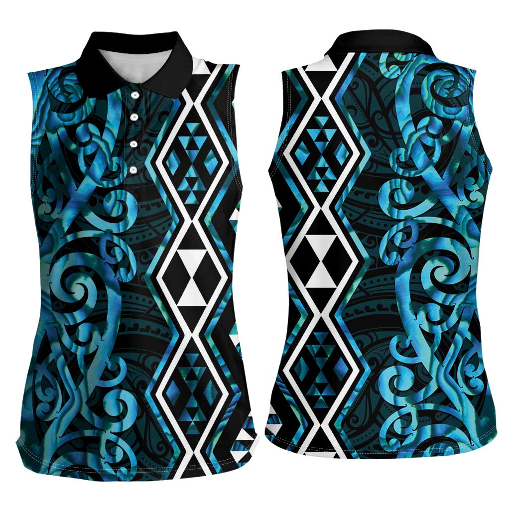 Turquoise Aotearoa Women Sleeveless Polo Shirt Taniko Motifs With Paua Shell Kowhaiwhai