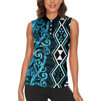 Turquoise Aotearoa Women Sleeveless Polo Shirt Taniko Motifs With Paua Shell Kowhaiwhai