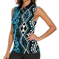 Turquoise Aotearoa Women Sleeveless Polo Shirt Taniko Motifs With Paua Shell Kowhaiwhai