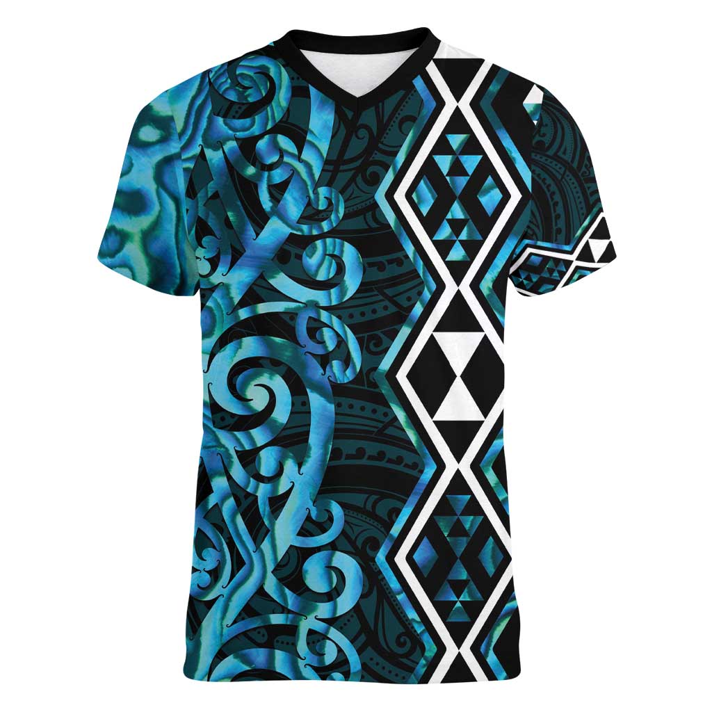 Turquoise Aotearoa Women V-Neck T-Shirt Taniko Motifs With Paua Shell Kowhaiwhai